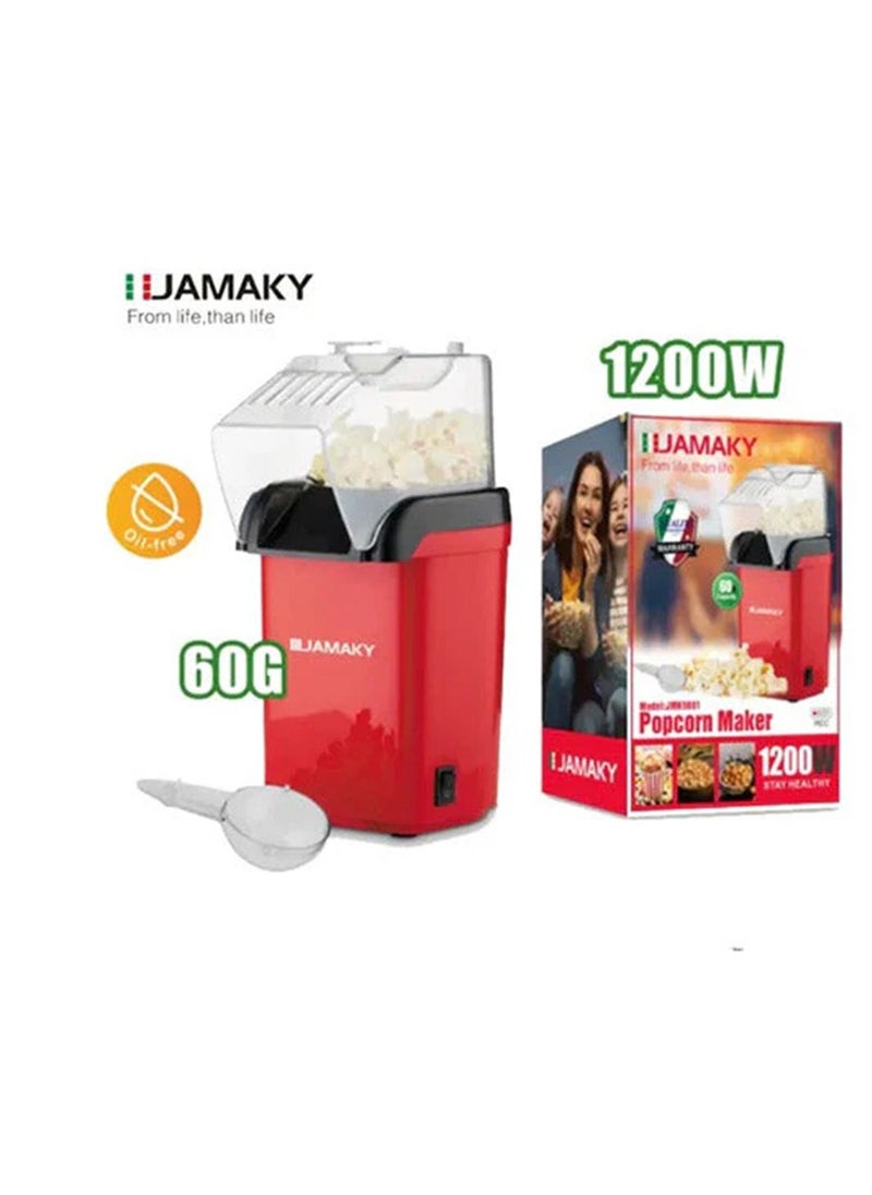 Jamaky Italy - صانعة الفشار 1200 واط بتكنولوجيا ايطالية - JMK9001 - أحمر - نظام هواء ساخن أوتوماتيكي - نظام هواء ساخن متطور يعمل على تسخين الحبوب بسرعة - Image 1