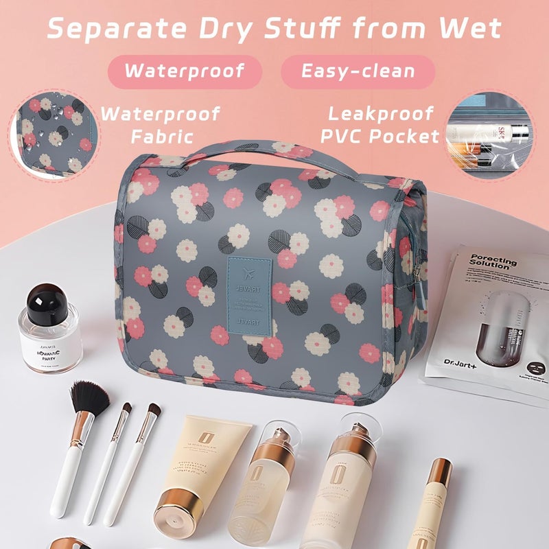 YEMEDA Toiletry Bag Travel Bag with Hanging Hook, Waterproof Capacity Hanging Multifunctional Makeup Bag for Toiletries, Portable Cosmetic Bag Travel Organizer for Women and Men(Blue Flower) - Image 5