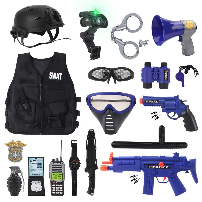 deAO Police Officer Costume for Kids Role Play Set with a Storage Backpack Vest Helmet Policeman Outfit Toys for Kids Halloween Birthdays Christmas Gift - Image 1