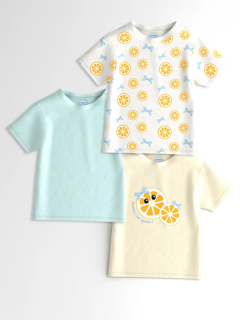 Nautinati Nautinati Girls’ Solid and Fruit Print Cotton T-shirts | Pack of 3 T-shirts for 3 to 24 Months