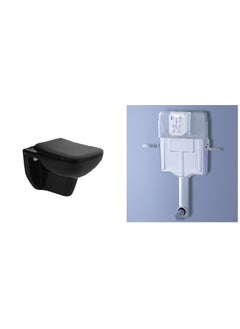 Bherunath Combo of Wall MountedWall Hung Western ToiletCommodeEWC Square with Soft Close Slim Seat Cover and 80mm Thick Dual Flush Concealed CisternFlush Tank with Push Flush Plate White