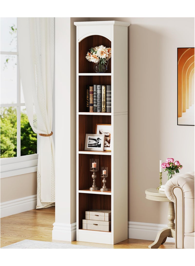 LITTLE TREE 180CM Tall Narrow Bookcase, 5-Tier Cube Bookshelf with Storage, Modern Slim Corner Display Shelves for Home Office, Living Room, White and Oak - Image 1