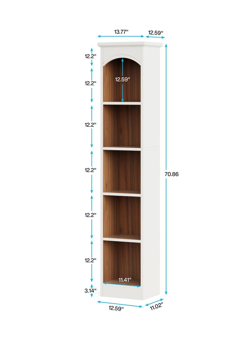 LITTLE TREE 180CM Tall Narrow Bookcase, 5-Tier Cube Bookshelf with Storage, Modern Slim Corner Display Shelves for Home Office, Living Room, White and Oak - Image 2