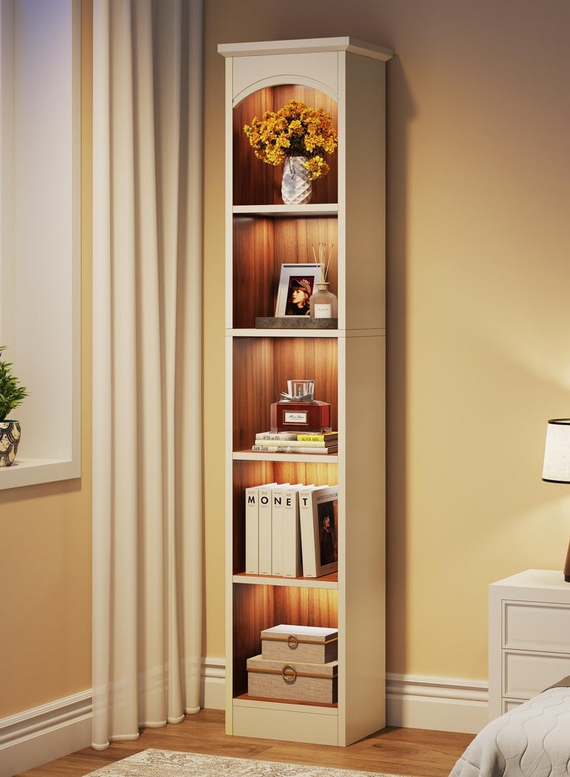 LITTLE TREE 180CM Tall Narrow Bookcase, 5-Tier Cube Bookshelf with Storage, Modern Slim Corner Display Shelves for Home Office, Living Room, White and Oak - Image 4