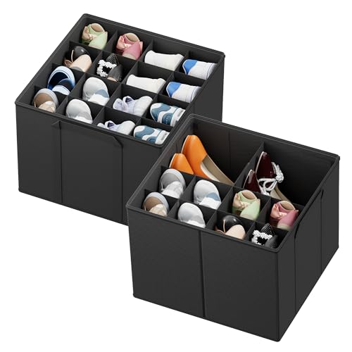 SpaceAid Shoe Organizer for Closet 2 Pack Foldable Shoe Storage Containers Baskets Boxes Bins wAdjustable Dividers Fits 1632 Pairs Black