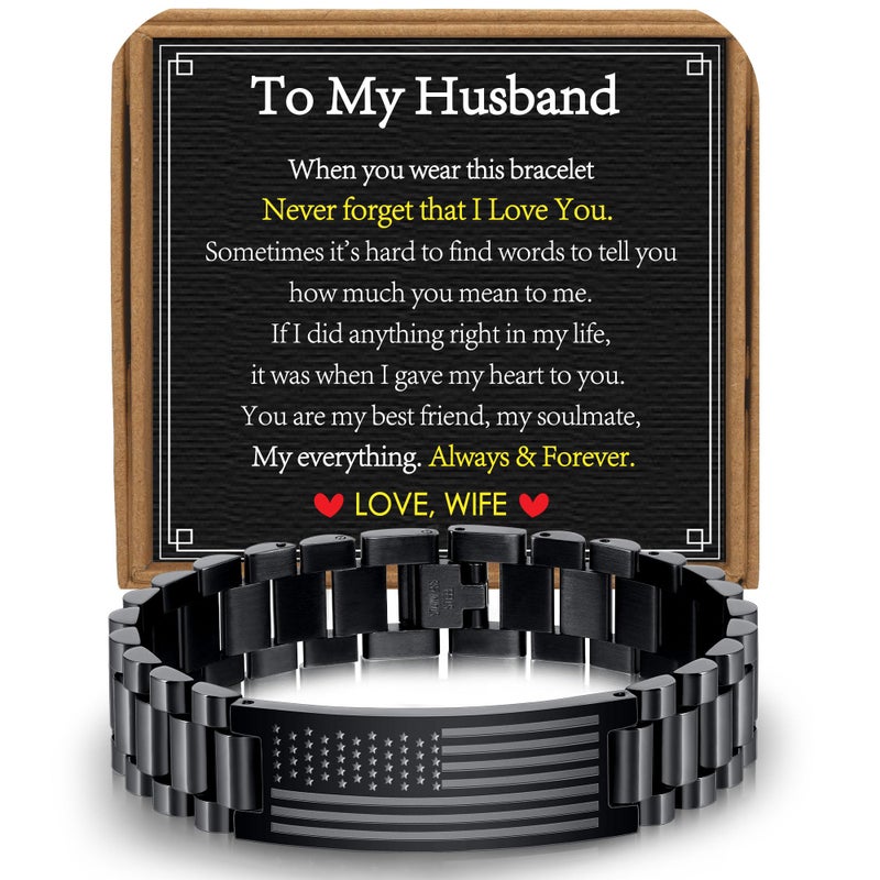 VULETO Gifts for Husband from Wife, To My Husband Stainless Steel American Flag Watch Link Bracelet Birthday Anniversary Military Unique Valentines Christmas Jewelry Gifts Presents for Men Male Love - Image 1