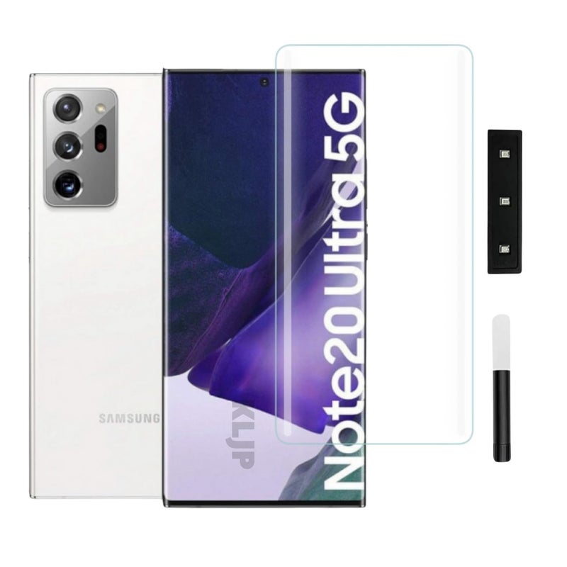 KLJP حماية شاشة زجاجية مقواة UV HD+ متميزة لجهاز سامسونج نوت 20 ألترا (6.9 بوصة، عبوة من 1) مع لاصق كامل UV وحماية منحنية، مع مجموعة أدوات التثبيت والدليل - Image 1