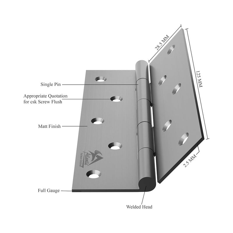 Atlantic Atlantic Door Butt Hinges 5 Inch x 12 Gauge25 MM Thickness Premium Stainless Steel Welded Head Matt Finish Pack of 12 Pcs  - Image 4