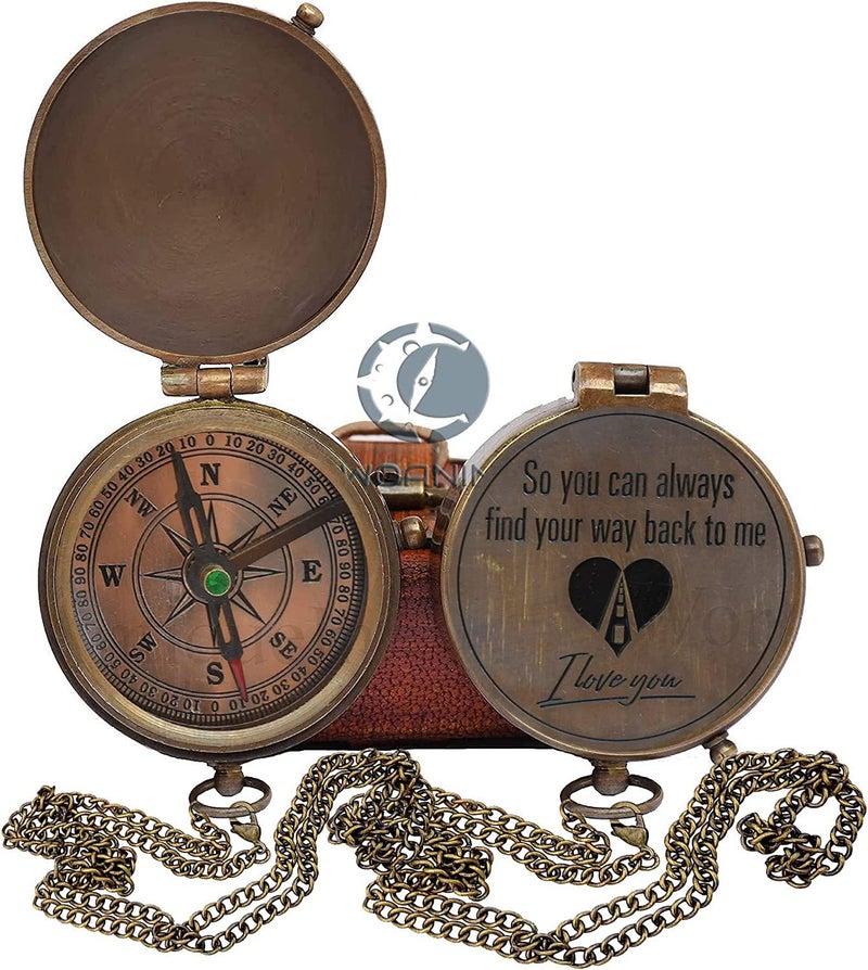 Engraved Brass Compass- Personalized Sundial Compass, Viking Compass Gift to Her, Nautical Gift for Boyfriend Perfect and Unique Gift with Leather Case - Image 1