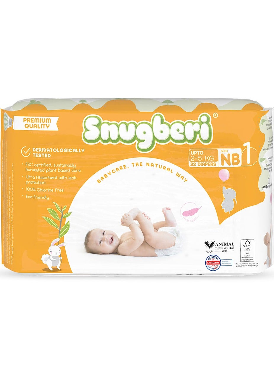 Snugberi Premium Eco-Friendly Chlorine Free Feather Soft Printed Diapers Made Of Natural Wood Pulp With Wetness Indicator Size 1 New Born 2-5Kg 32'S