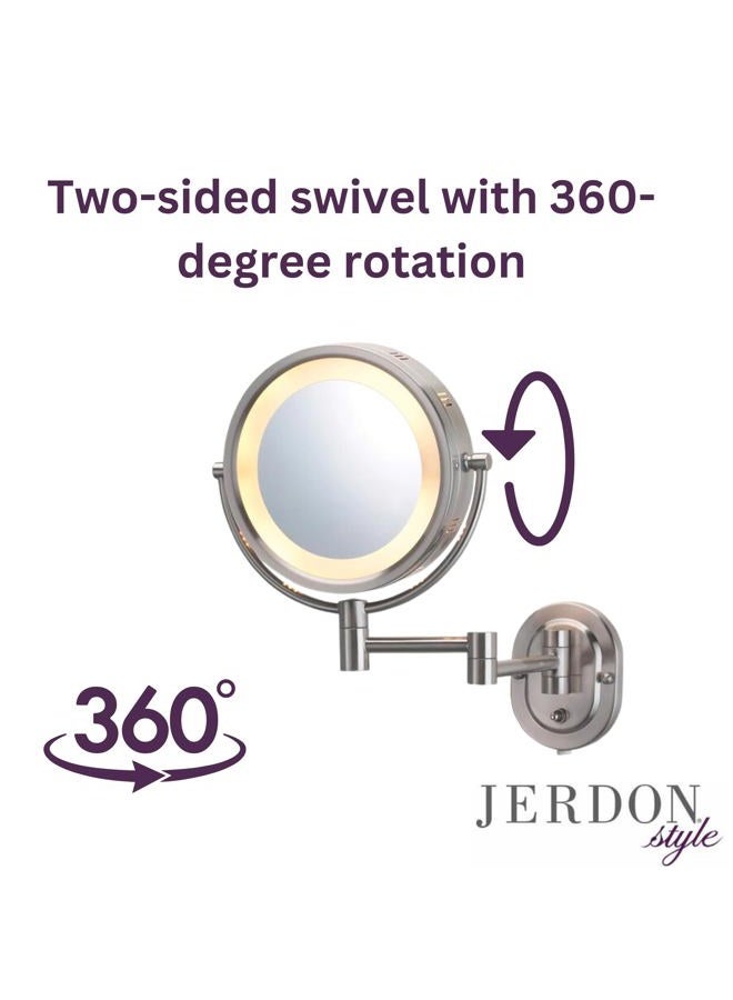 Jerdon Two-Sided Wall-Mounted Makeup Mirror with Halo Lighting - Lighted Makeup Mirror with 5X Magnification & Wall-Mount Arm - Plug in Round Mirror with Nickel Finish Wall Mount - Model HL65N - Image 5