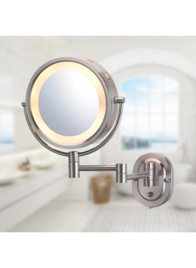 Jerdon Two-Sided Wall-Mounted Makeup Mirror with Halo Lighting - Lighted Makeup Mirror with 5X Magnification & Wall-Mount Arm - Plug in Round Mirror with Nickel Finish Wall Mount - Model HL65N - Image 2