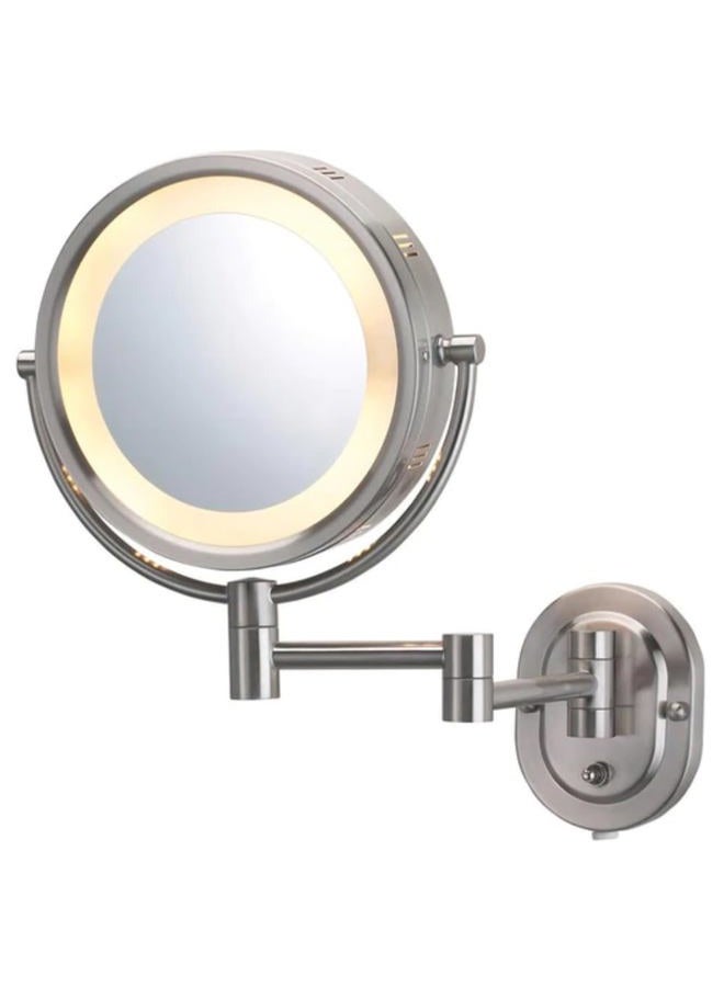 Jerdon Two-Sided Wall-Mounted Makeup Mirror with Halo Lighting - Lighted Makeup Mirror with 5X Magnification & Wall-Mount Arm - Plug in Round Mirror with Nickel Finish Wall Mount - Model HL65N - Image 1