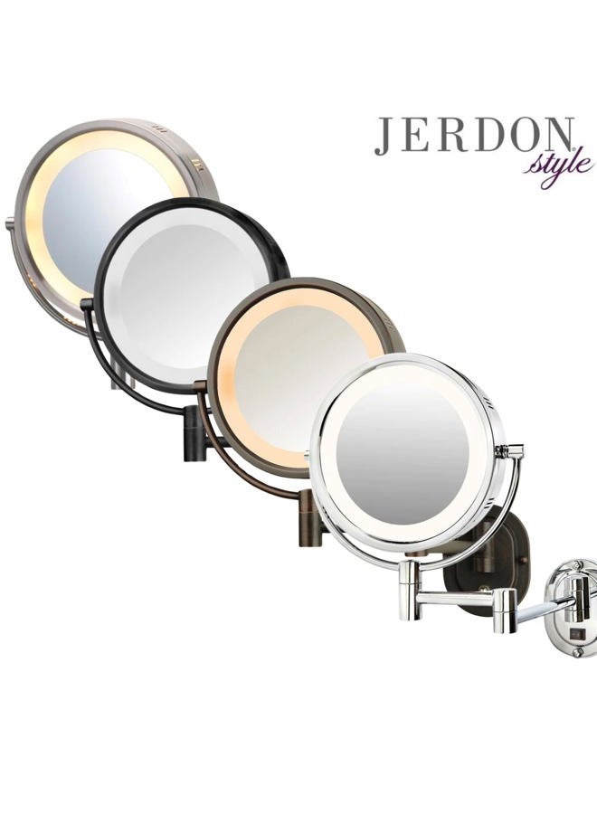 Jerdon Two-Sided Wall-Mounted Makeup Mirror with Halo Lighting - Lighted Makeup Mirror with 5X Magnification & Wall-Mount Arm - Plug in Round Mirror with Nickel Finish Wall Mount - Model HL65N - Image 4