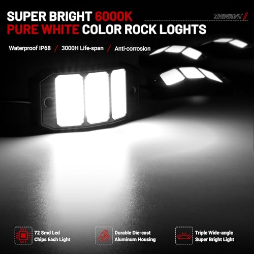 SHINIGHT 16PCS White Rock Lights Super Bright Pure White 6000K Rock Lights for Trucks72 SMD LED Chips Each Light3M984FT Extension WiresWaterproof IP68 Underglow Lights for ATV UTV Cars Boats - Image 3