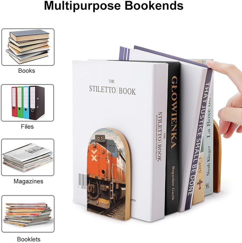Train Bookends 1 Pair Solid Natural Wooden Book Ends, Duty Cute Book Stoppers, Decorative Book Holders for Home Office Desk Shelf, Perfect for Students, Book Lovers - Image 3