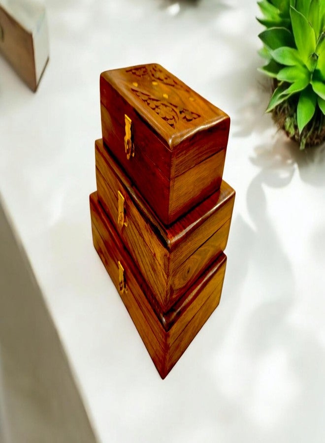 Artisans Bazar مجموعة من 3 صناديق مجوهرات خشبية منحوتة عتيقة من Artisans Bazar للنساء، منظم مجوهرات خشبي، حامل مجوهرات، منحوتات يدوية زهرية، أفكار هدايا، صندوق خشبي منحوت زهري (8x5، 7x5، 6x4 بوصة) - Image 1