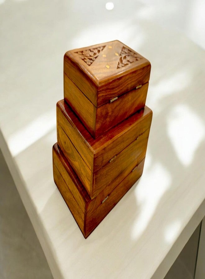 Artisans Bazar مجموعة من 3 صناديق مجوهرات خشبية منحوتة عتيقة من Artisans Bazar للنساء، منظم مجوهرات خشبي، حامل مجوهرات، منحوتات يدوية زهرية، أفكار هدايا، صندوق خشبي منحوت زهري (8x5، 7x5، 6x4 بوصة) - Image 3