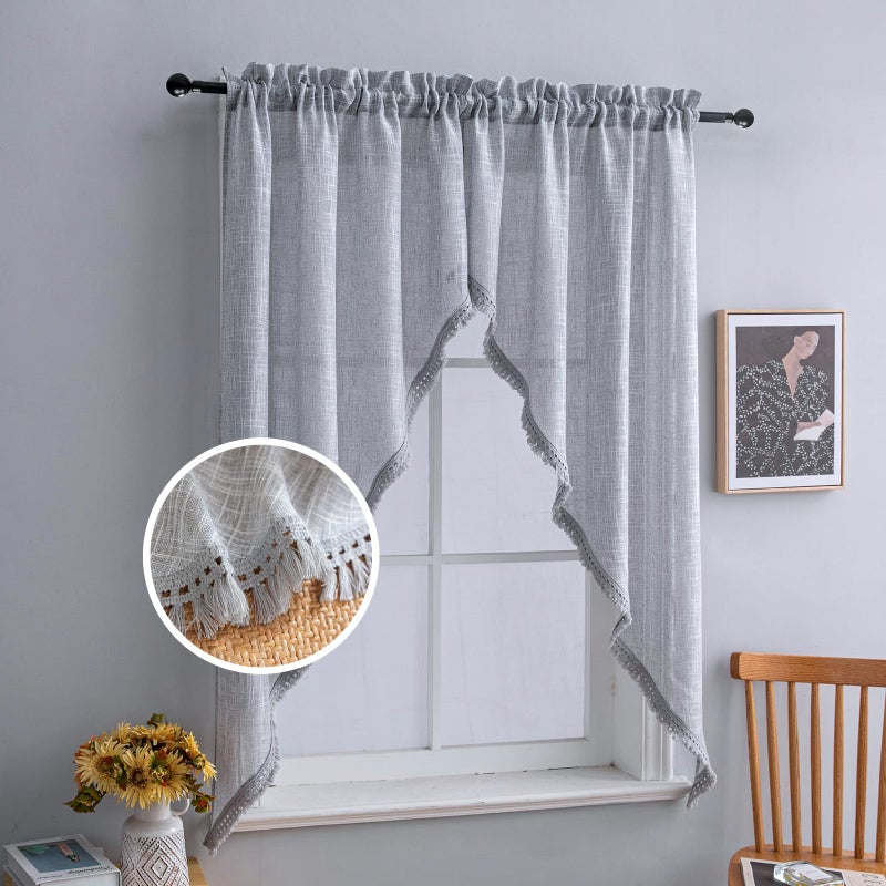 BD BEDA HOME Beda Home Tassel Linen Textured Swag Curtain Valance for Farmhouses Kitchen Light Filtering Rustic Short Swag Topper for Small Windows Bedroom Privacy Added Rod Pocket Design Grey 36x632PCs 