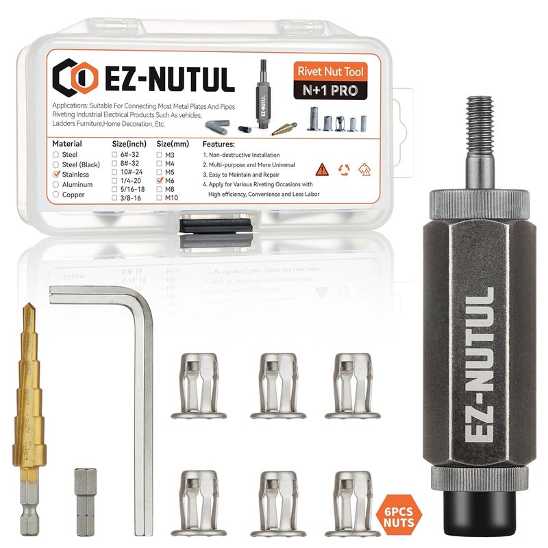 EZ-NUTUL Jack nut Installation Tool Set Hand Thread Insert Jacknuts Assortment Kit for Thin Metal Plastic Polywood Pressboard Hardboard (M6 (Jack Nut Tool-6pcs, Stainless)) - Image 1