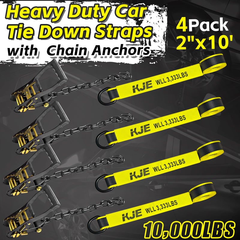 KJE 4 Pack Reflective Car Tie Down Straps for Trailers - Tire Ratchet Strap with Chain Anchors - 2" x 10' 10,000LBS Break Strength - Lasso Style Wheel Straps for Hauling UTV, SUV, Truck, Any Cars - Image 3