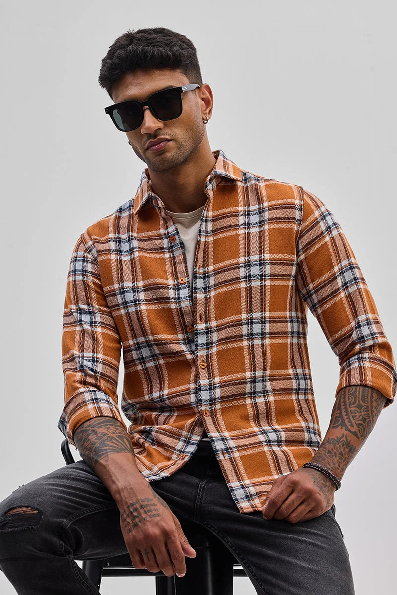 SNITCH Orange Checks Slim Fit Shirt
