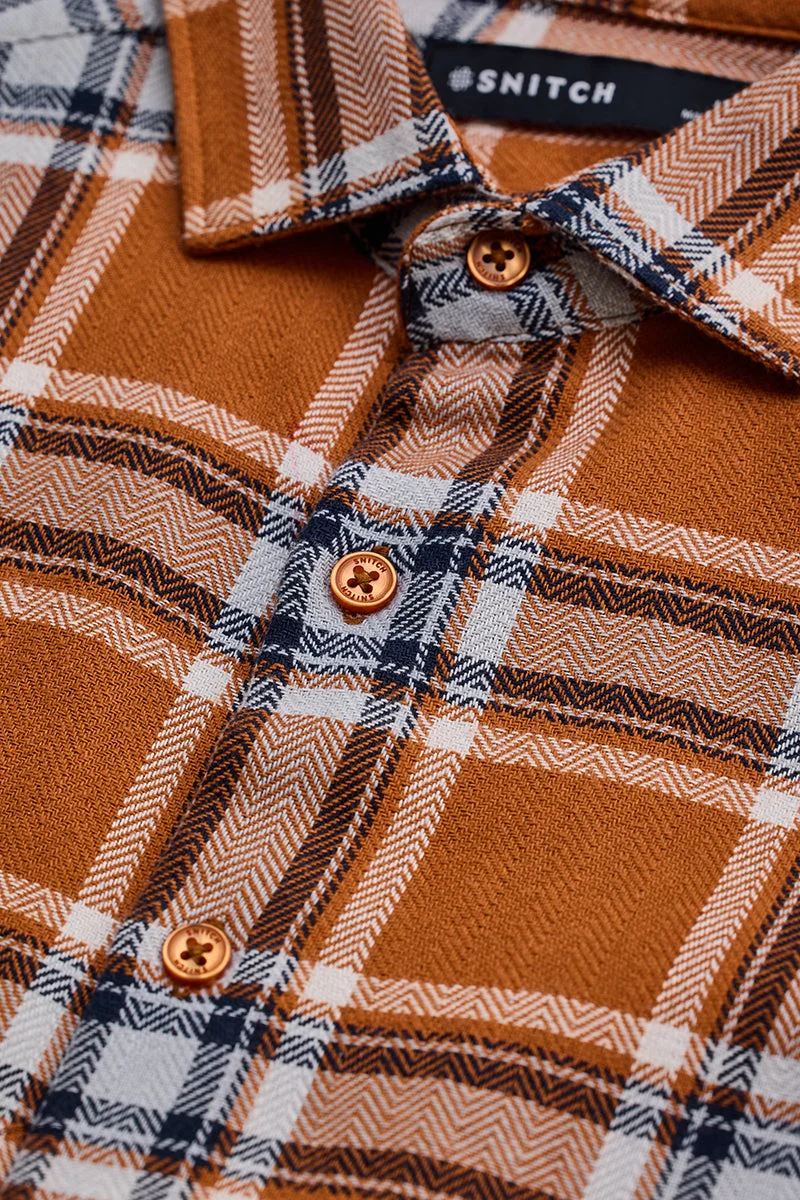 SNITCH Orange Checks Slim Fit Shirt