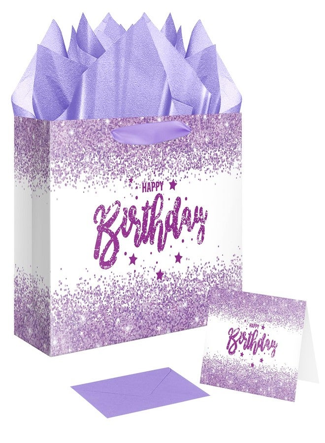 XiaosRen 12.6" Large Purple Happy Birthday Gift Bag with Card and Tissue Papers for Girls Women Kids Party Favor. - Image 1