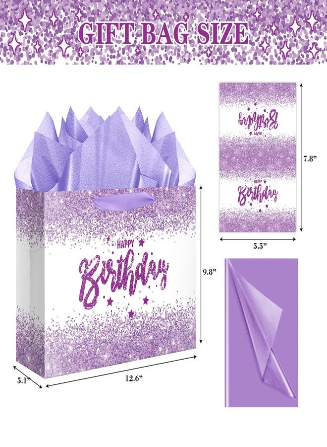 XiaosRen 12.6" Large Purple Happy Birthday Gift Bag with Card and Tissue Papers for Girls Women Kids Party Favor. - Image 2
