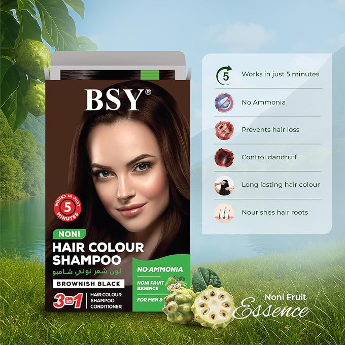 BSY Noni Hair Colour Shampoo Brownish Black, 100% Amonia Free,No Hairloss,Protect your scalp, No Dundruff, Works in Just 5 Mins, Noni Plant Essence, 20ml - Image 3