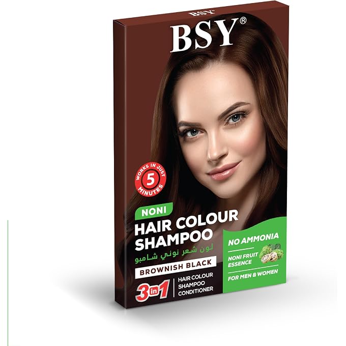 BSY Noni Hair Colour Shampoo Brownish Black, 100% Amonia Free,No Hairloss,Protect your scalp, No Dundruff, Works in Just 5 Mins, Noni Plant Essence, 20ml - Image 1