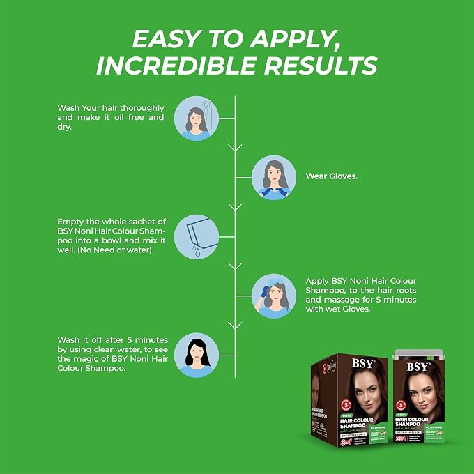 BSY Noni Hair Colour Shampoo Brownish Black, 100% Amonia Free,No Hairloss,Protect your scalp, No Dundruff, Works in Just 5 Mins, Noni Plant Essence, 20ml - Image 2