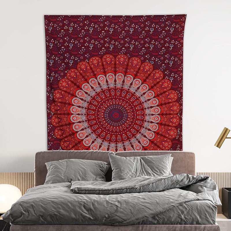 Bless International Handmade Indian hippie Bohemian Psychedelic Peacock Mandala Wall hanging College Dorm Beach Throws Table Cloth Bedding Tapestry (Blue Red, Medium(54x60Inches)(137x152cms)) - Image 2