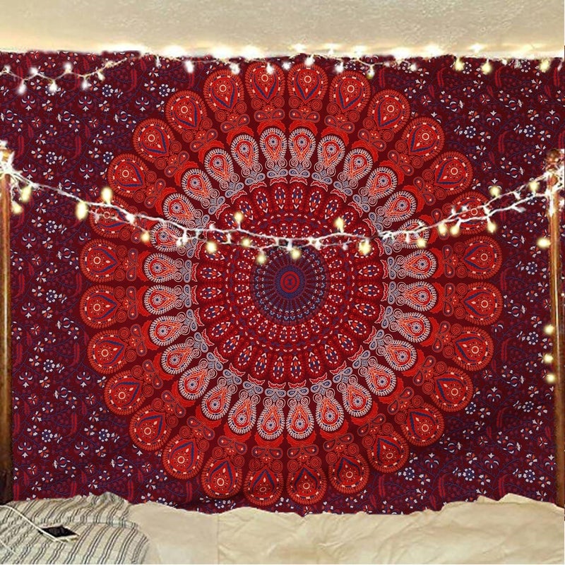 Bless International Handmade Indian hippie Bohemian Psychedelic Peacock Mandala Wall hanging College Dorm Beach Throws Table Cloth Bedding Tapestry (Blue Red, Medium(54x60Inches)(137x152cms)) - Image 5