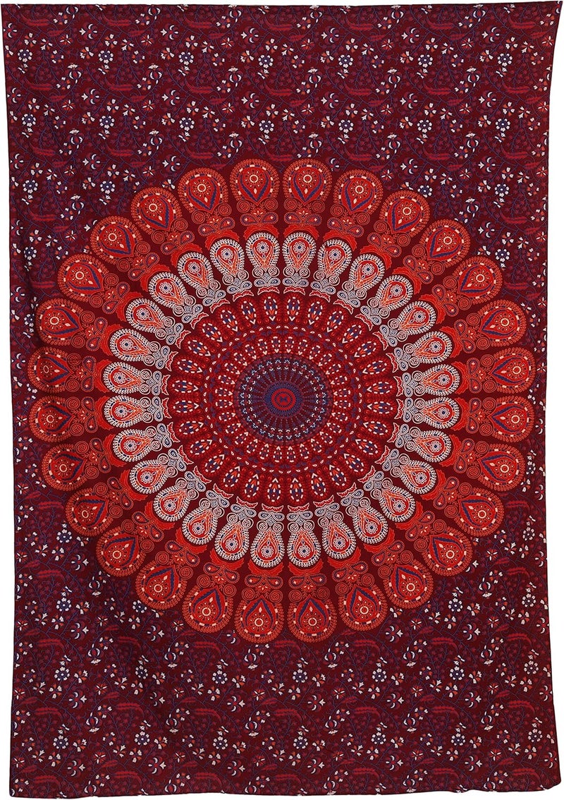 Bless International Handmade Indian hippie Bohemian Psychedelic Peacock Mandala Wall hanging College Dorm Beach Throws Table Cloth Bedding Tapestry (Blue Red, Medium(54x60Inches)(137x152cms)) - Image 4