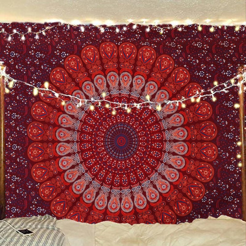 Bless International Handmade Indian hippie Bohemian Psychedelic Peacock Mandala Wall hanging College Dorm Beach Throws Table Cloth Bedding Tapestry (Blue Red, Medium(54x60Inches)(137x152cms)) - Image 1