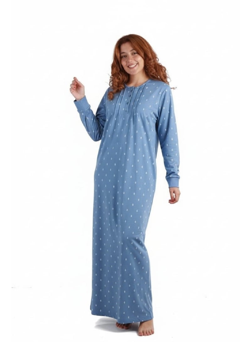 Jet Women’s Long Winter Nightgown – Soft Milton Fabric - Blue