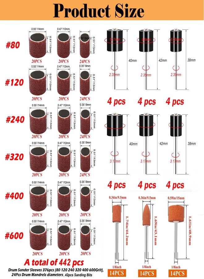 Sunxeke 442 Pieces Sanding Drums Kit for Dremel Rotary Tool,Drum Sander Sleeves 376pcs (80 120 240 320 400 600Grit),24Pcs Drum Mandrels and 42 Sanding Bits,Sanding Bits Tool Accessories with Box - Image 2