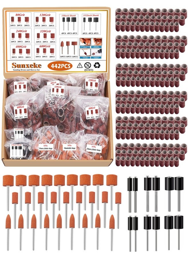 Sunxeke 442 Pieces Sanding Drums Kit for Dremel Rotary Tool,Drum Sander Sleeves 376pcs (80 120 240 320 400 600Grit),24Pcs Drum Mandrels and 42 Sanding Bits,Sanding Bits Tool Accessories with Box - Image 1