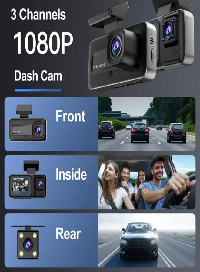1080P DVR Dash Camera Front & Inside & Rear Camera Driving Recorder with 2 Inch IPS Screen 170° Wide Angle Support Clear Night-Vision Collision Locking Loop Recording - Image 2