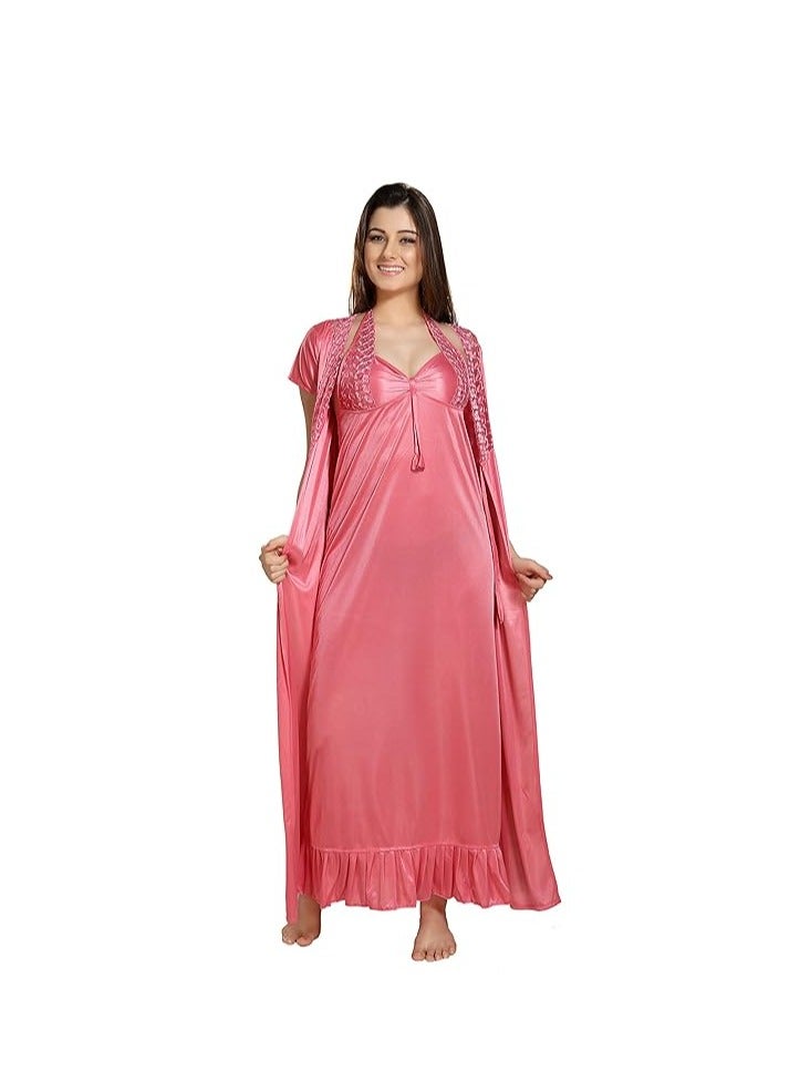 Accessorize Kingdom Women's Satin Solid Maxi Length Nighty with Robe Nightwear Set Pack of 2  - Image 1