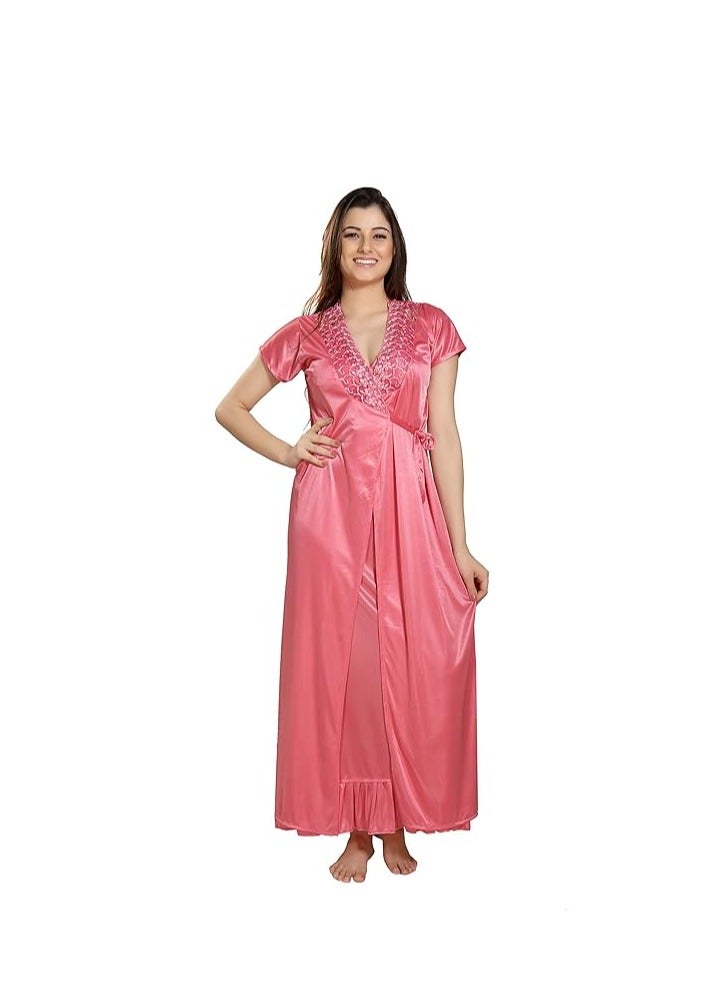 Accessorize Kingdom Women's Satin Solid Maxi Length Nighty with Robe Nightwear Set Pack of 2  - Image 3