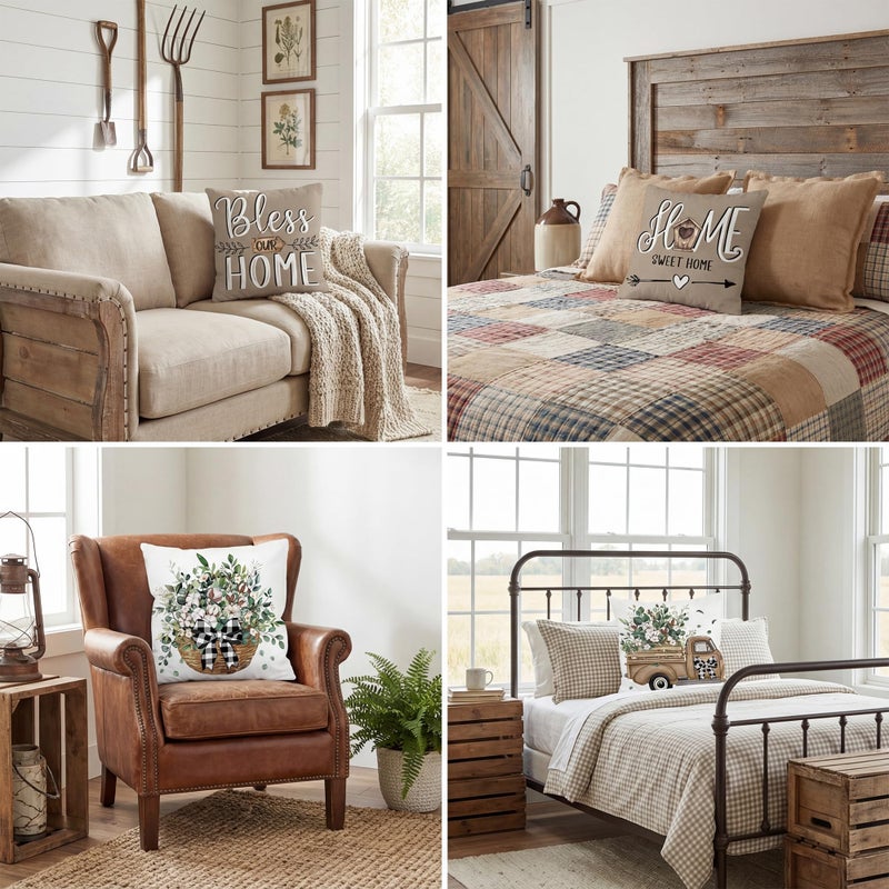 FUTBU Farmhouse Throw Pillow Covers 18x18 Inch Set of 4, Home Sweet Home Spring Cushion Case Decoration for Sofa Couch 4Pcs Eucalyptus Leaves Farm Pillow Covers Bless Our House Brown - Image 3