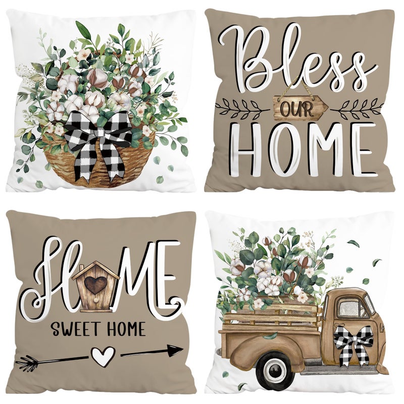 FUTBU Farmhouse Throw Pillow Covers 18x18 Inch Set of 4, Home Sweet Home Spring Cushion Case Decoration for Sofa Couch 4Pcs Eucalyptus Leaves Farm Pillow Covers Bless Our House Brown - Image 1