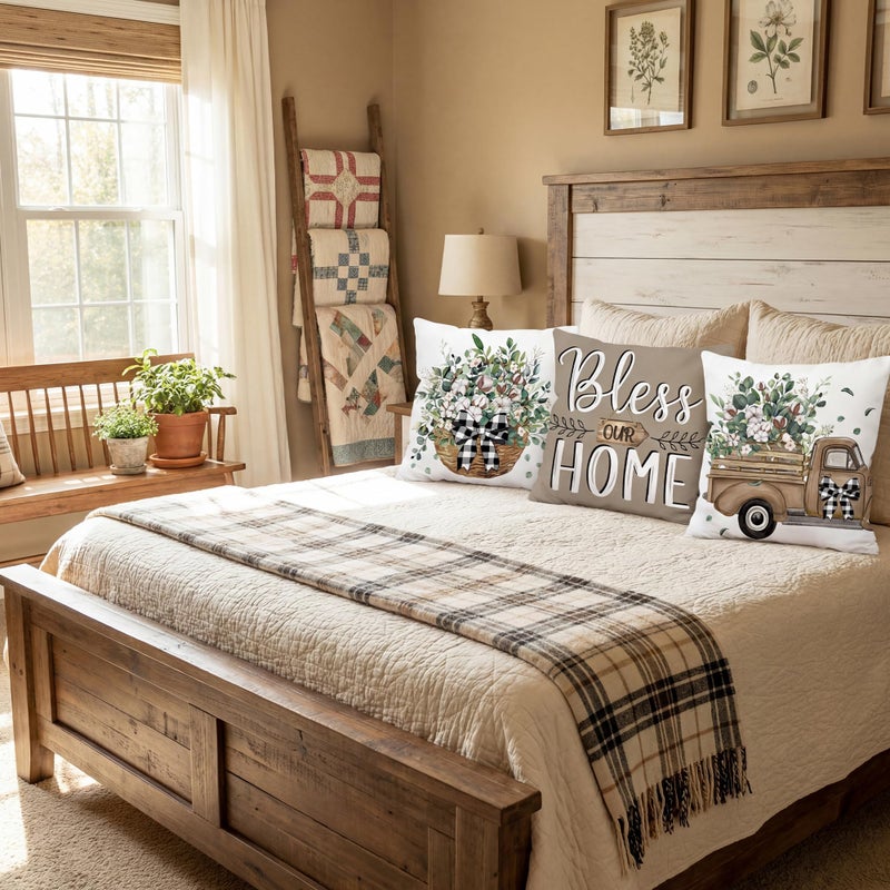 FUTBU Farmhouse Throw Pillow Covers 18x18 Inch Set of 4, Home Sweet Home Spring Cushion Case Decoration for Sofa Couch 4Pcs Eucalyptus Leaves Farm Pillow Covers Bless Our House Brown - Image 4