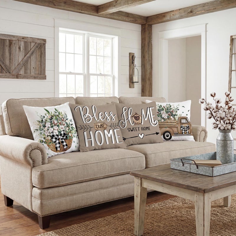 FUTBU Farmhouse Throw Pillow Covers 18x18 Inch Set of 4, Home Sweet Home Spring Cushion Case Decoration for Sofa Couch 4Pcs Eucalyptus Leaves Farm Pillow Covers Bless Our House Brown - Image 5
