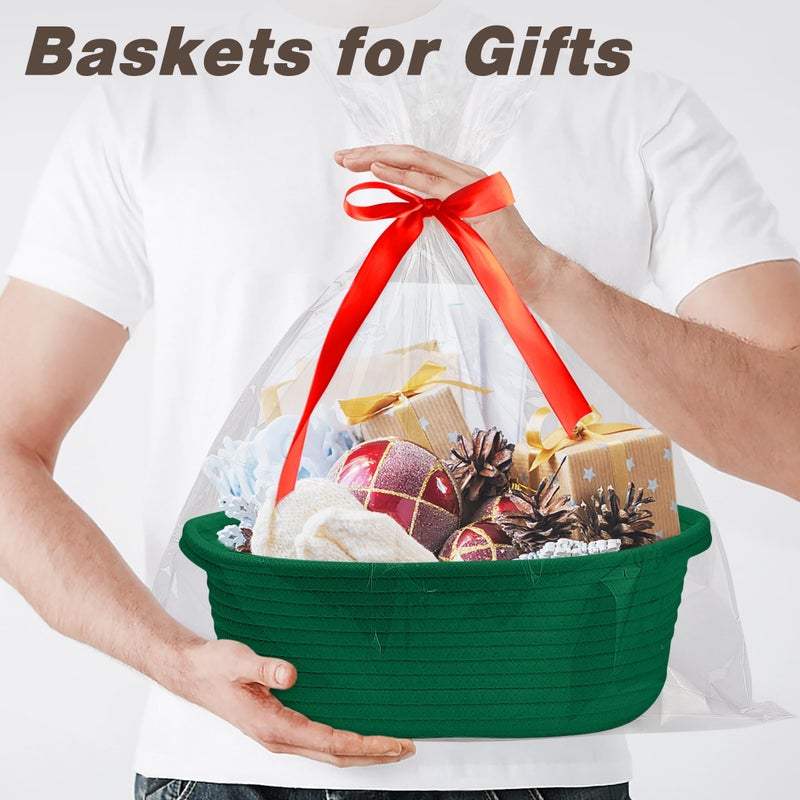 Pro Goleem Small Woven Basket with Gift Bags and Ribbons Durable Baskets for Gifts Empty Small Rope Basket for Storage 12"X 8" X 5" Baby Toy Baskets with Handles, Green - Image 2