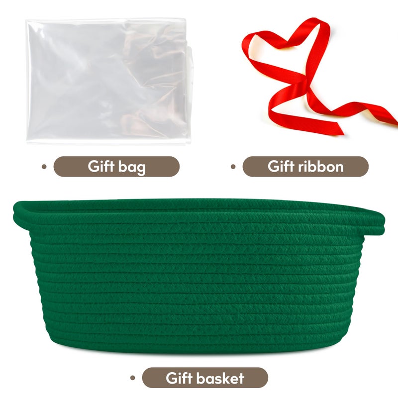 Pro Goleem Small Woven Basket with Gift Bags and Ribbons Durable Baskets for Gifts Empty Small Rope Basket for Storage 12"X 8" X 5" Baby Toy Baskets with Handles, Green - Image 3