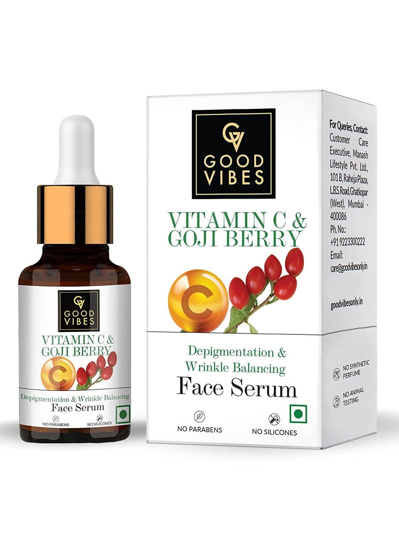 Good Vibes Good Vibes Vitamin C & Goji Berry Depigmentation & Wrinkle Balancing Face Serum, 10 ml Light Weight Formula With Anti Ageing Properties For All Skin Types, No Parabens, No Animal Testing  - Image 1