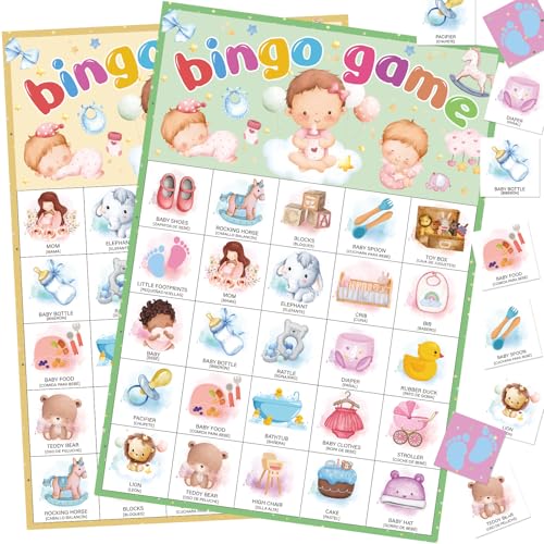 TAKEALOOKO Baby Shower Bingo Game Bilingual English Spanish Bingo Cards for 24 Players Gender Reveal Party Games for Baby Shower Activities Family Party Favors Supply - Image 1